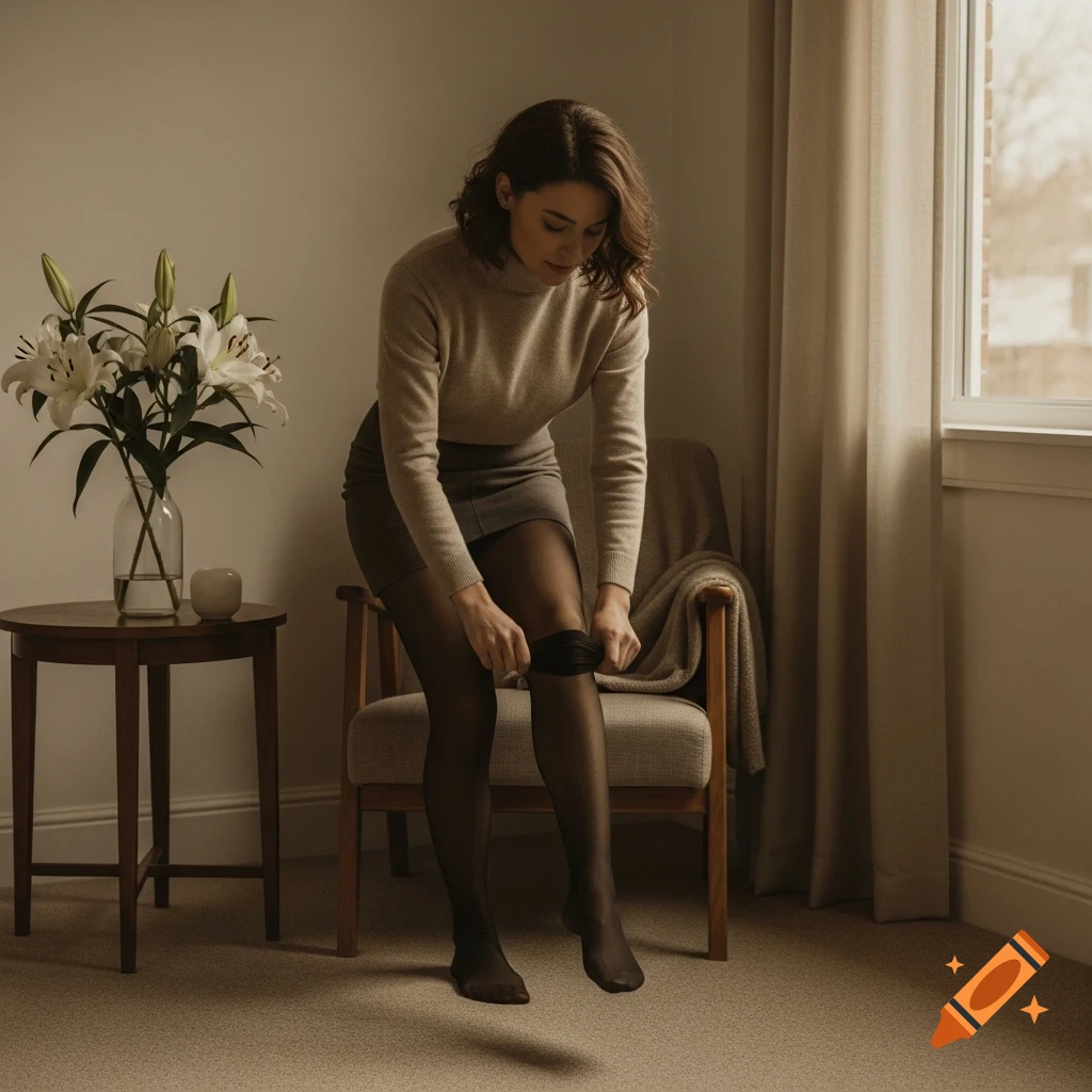 A woman in a sweater and skirt puts on black pantyhose in a softly lit room with white lilies.