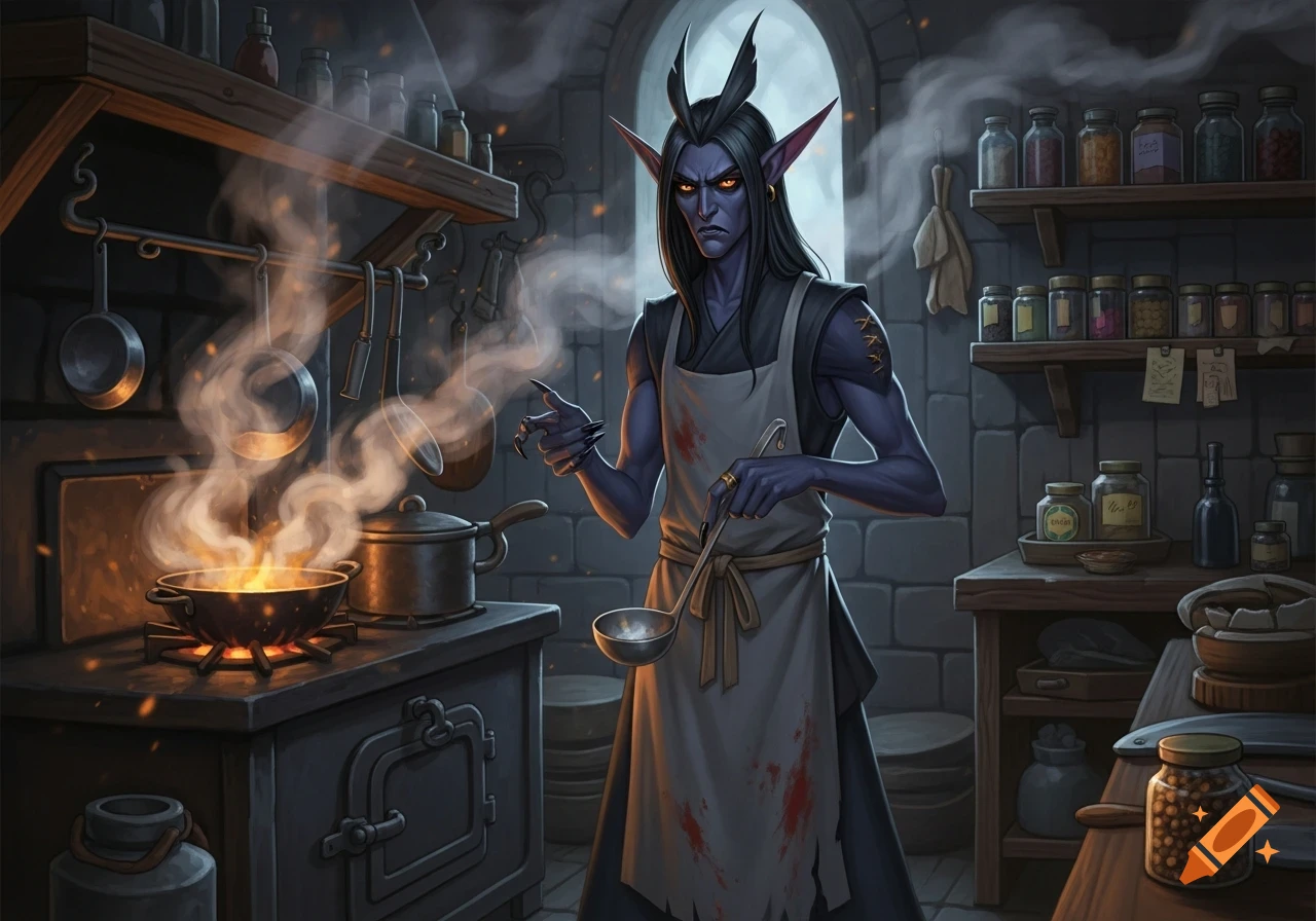 A grumpy dark elf with long black hair and glowing yellow eyes wears a blood-stained apron, stirring a smoking pot in a medieval kitchen.