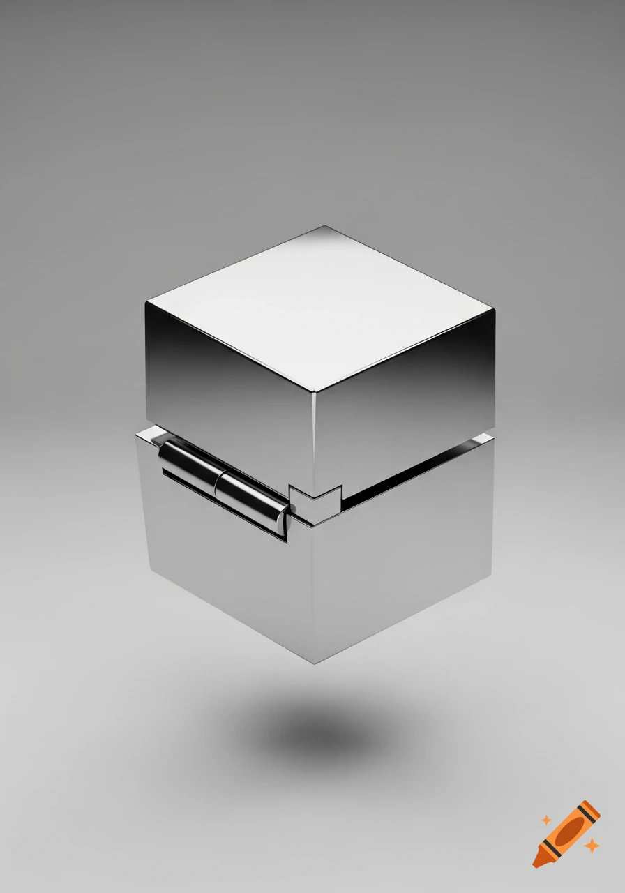 Shiny chrome cube with a hinge connecting two halves, floating against a grey background in a 3D render style.