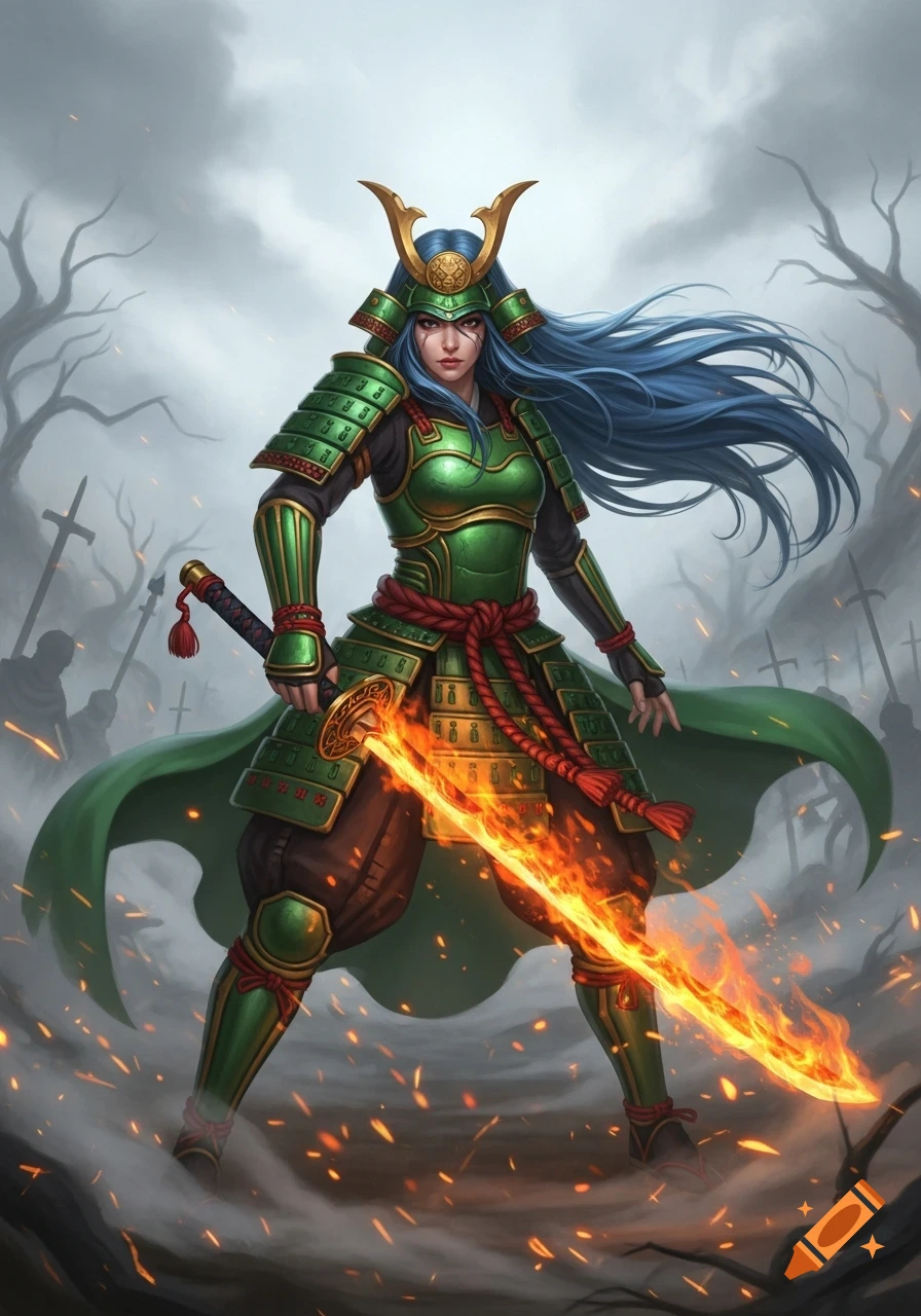 Female battle maiden in green samurai armor with blue flowing hair brandishing a flaming sword on a desolate battlefield.