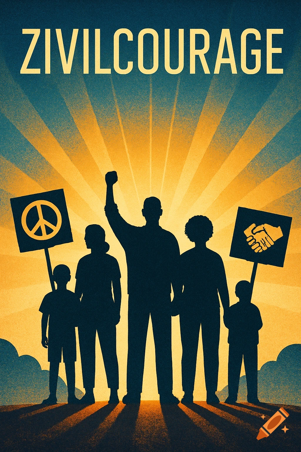 Silhouettes of adults and children protesting with raised fists and signs for peace and unity against a radiant sunburst background. Text 'ZIVILCOURAGE' at the top.