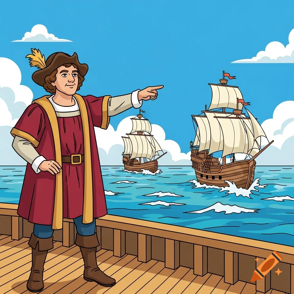 Cartoon of Christopher Columbus on a ship, pointing, with two other ships behind him on the sea.