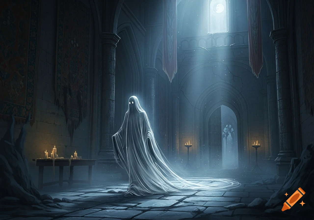 A glowing, sheet-draped ghost with bright eyes stands in a dark, moonlit gothic hall with tall arches and candles.