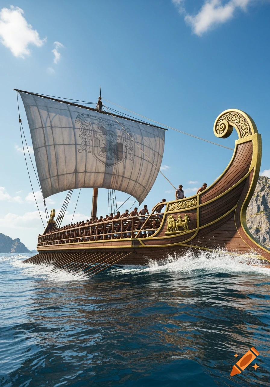 A photorealistic ancient trireme, with many oarsmen, sails on a blue sea under a clear sky, passing rocky cliffs.