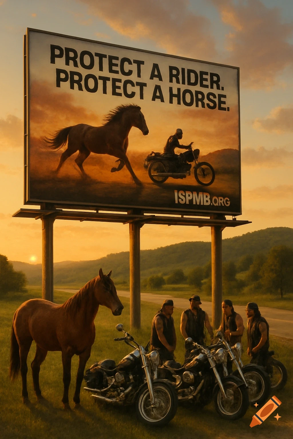 A photorealistic image of a large roadside billboard at sunset, displaying a horse and biker. Below, a real horse stands next to bikers and motorcycles.