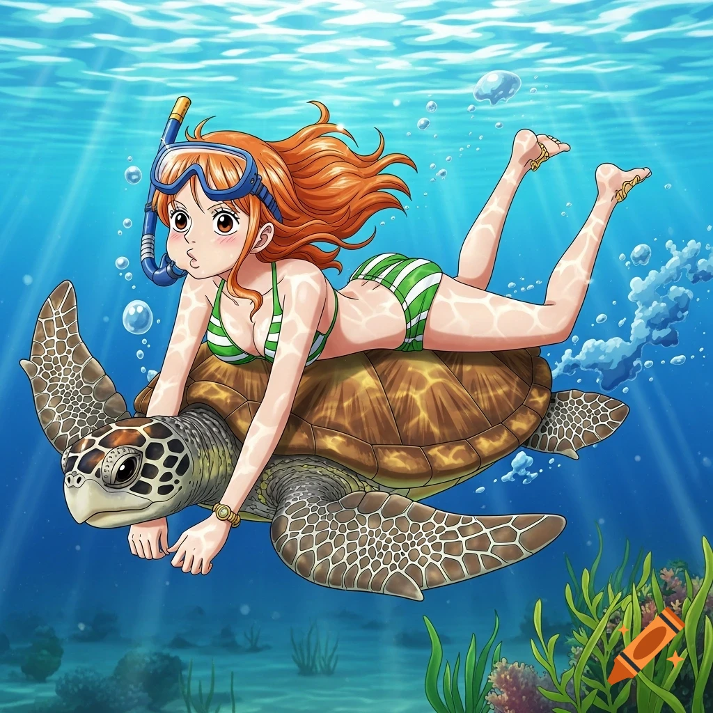 Nami from One Piece in a green bikini, swimming underwater on a sea turtle, with puffed cheeks and dive mask, anime style.