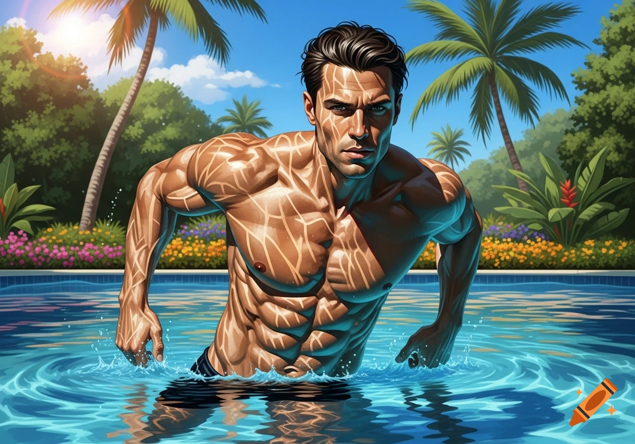 Stylized illustration of a muscular man with a six-pack emerging from a swimming pool, surrounded by palm trees and tropical plants.