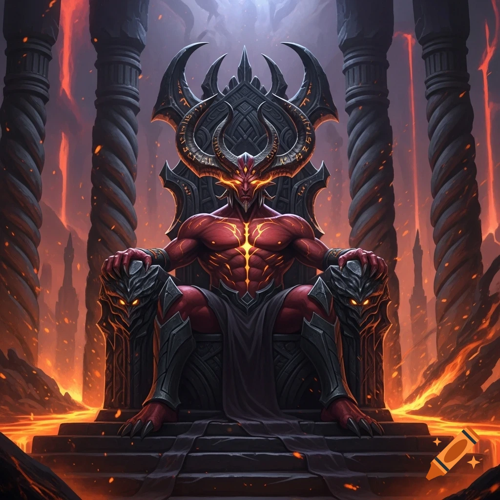 A red-skinned demon king with glowing eyes and horns sits on a dark, ornate throne amidst a fiery, lava-filled underworld in a fantasy art style.