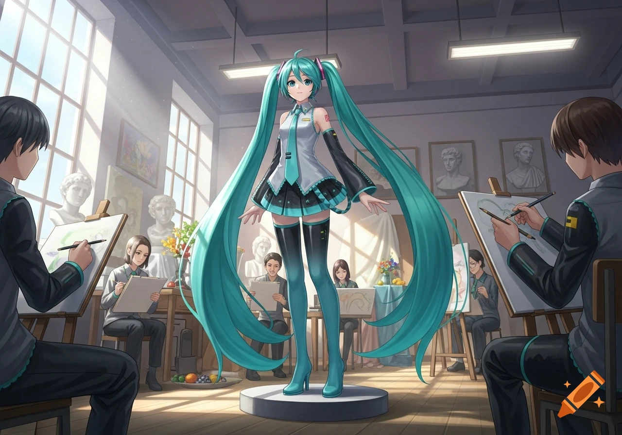 Hatsune Miku poses as a model for students drawing her in an art classroom, in an anime style.