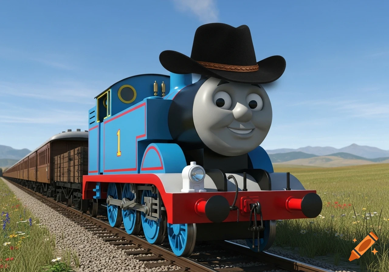 Thomas the Tank Engine wears a black cowboy hat with a brown band as he travels on a railway track through a grassy field under a blue sky.