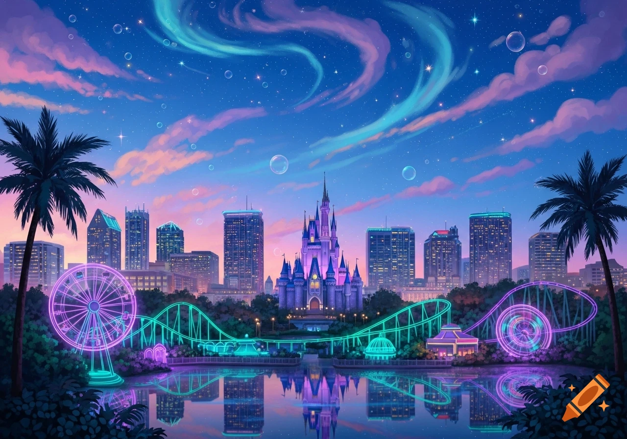 Vibrant dreamcore cityscape at night with a purple castle, neon Ferris wheel and roller coaster, palm trees, and reflections in water under a starry, colorful sky.