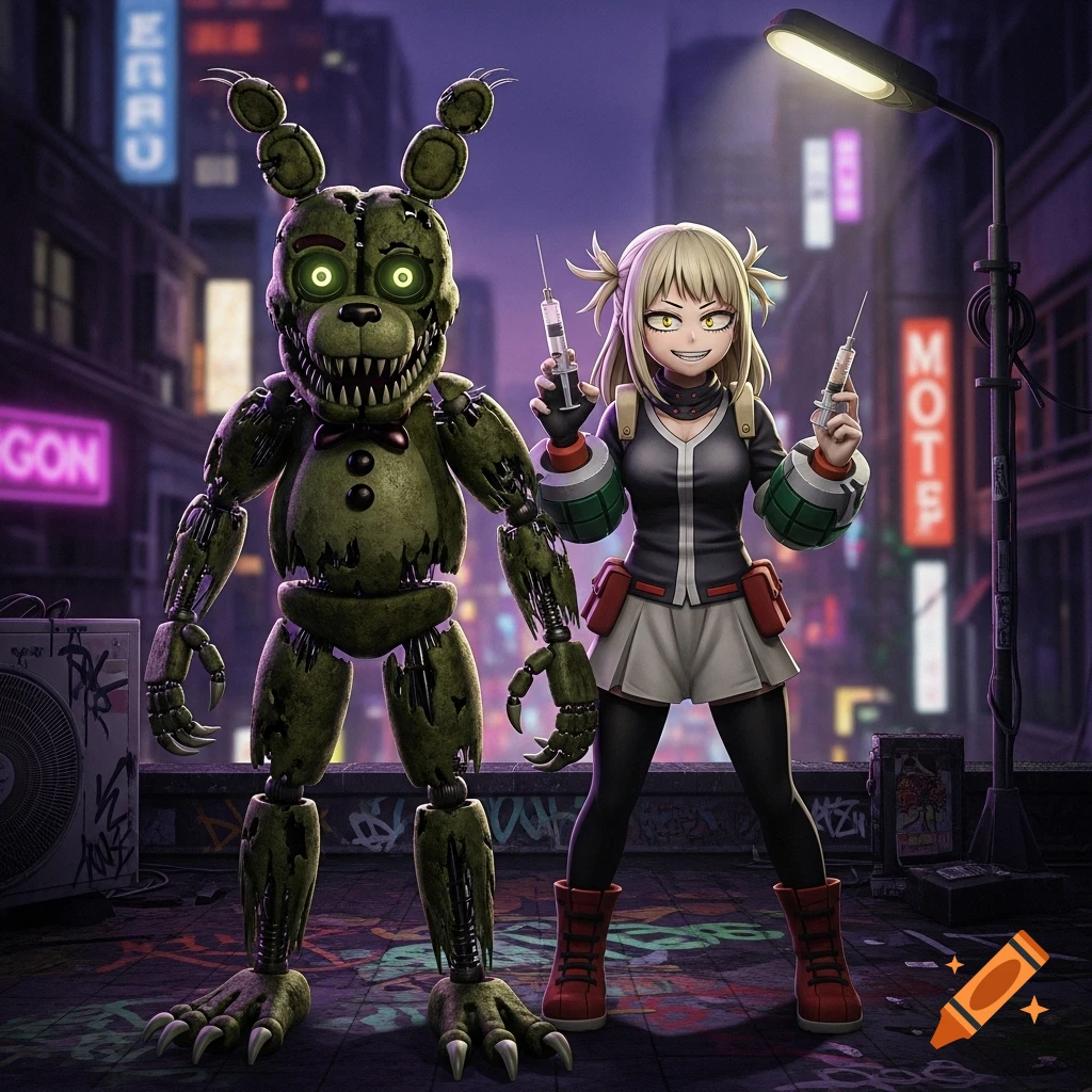 Springtrap and Himiko Toga stand side-by-side on a graffiti-covered rooftop in a neon-lit city at night, with Toga holding two syringes.