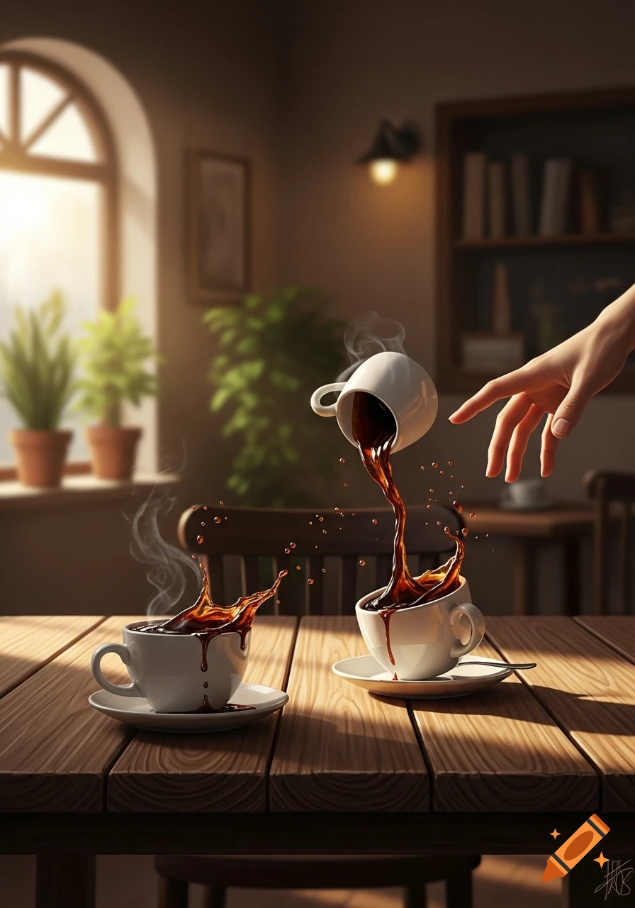 A hand reaches for an overflowing coffee cup on a wooden table, with coffee spilling from an inverted cup in a cafe setting.