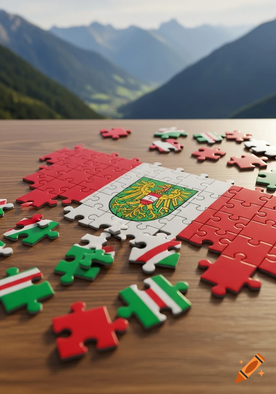 A partially completed puzzle forming the South Tyrol flag with a Tyrolean eagle crest on a wooden table, against a backdrop of green mountains.