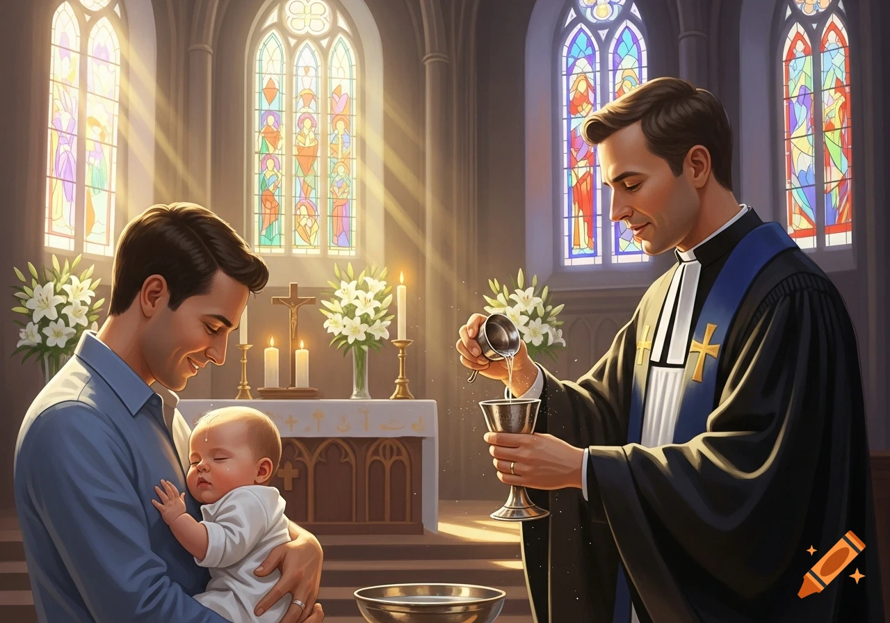 A smiling father holds a sleeping baby as a pastor performs a baptism in a sunlit church with stained glass windows.
