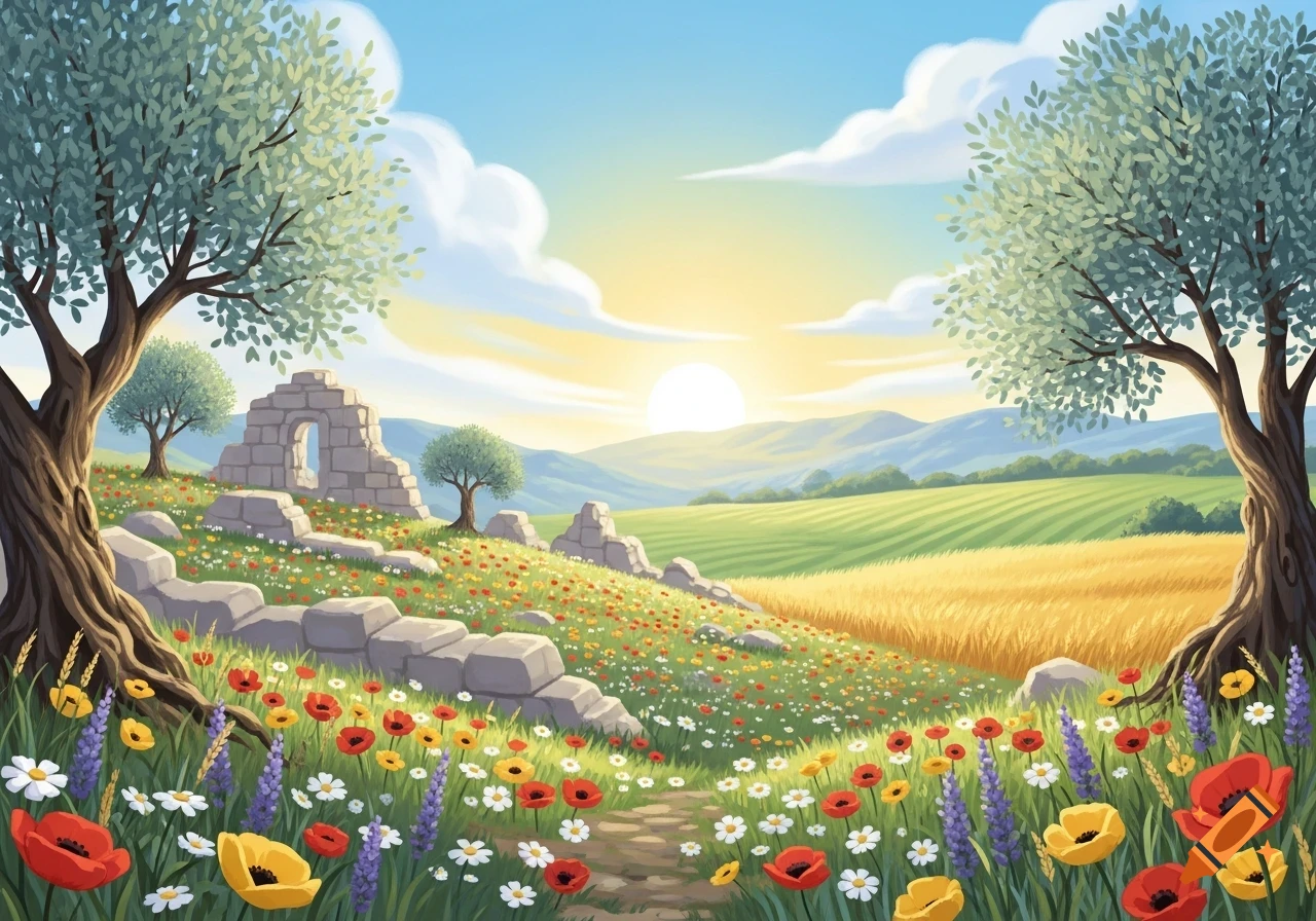 Illustrated Greek landscape with ancient ruins on a hillside, olive trees, colorful wildflowers, green and golden fields, mountains, and a bright sun.