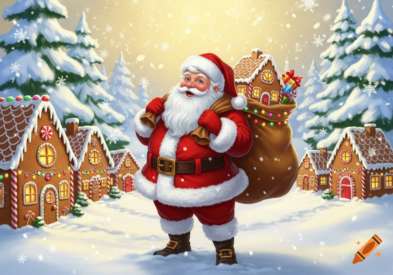 A cheerful Santa Claus stands in a snowy village of gingerbread houses, carrying a sack full of gifts and a gingerbread house.