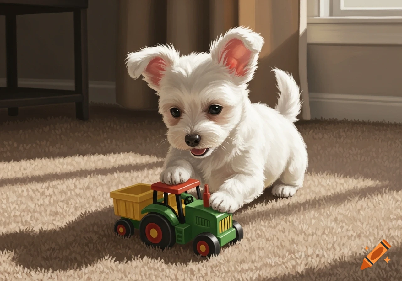 A fluffy white puppy with large ears plays with a green and yellow toy tractor on a beige carpet.