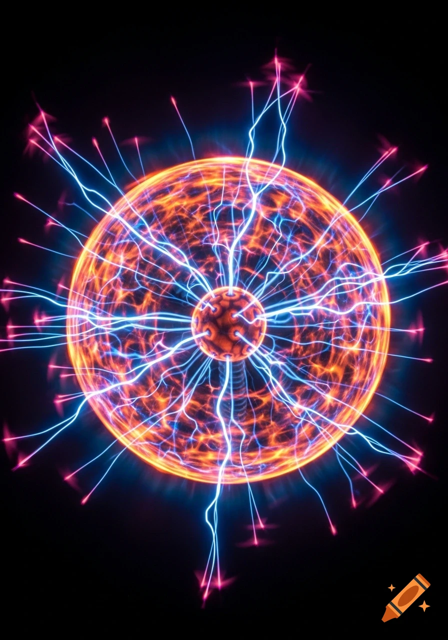 A glowing plasma ball with blue and orange electrical tendrils reaching out against a dark background.