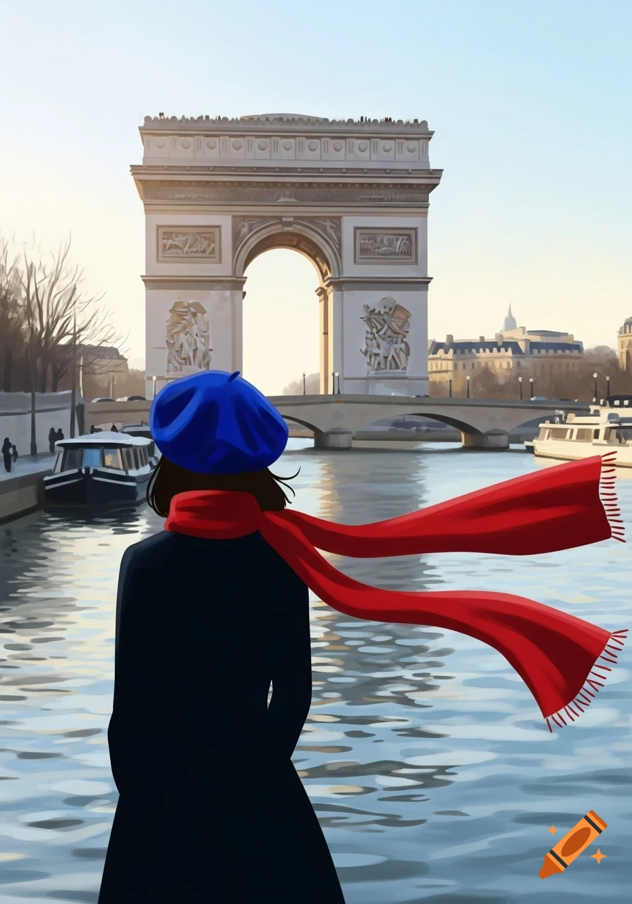 Stylized illustration of a person in a blue beret and red scarf overlooking the Seine River with the Arc de Triomphe in Paris.
