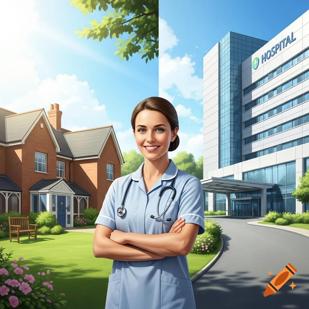 A smiling nurse in blue scrubs stands with crossed arms between a traditional house and a modern hospital building on a sunny day.