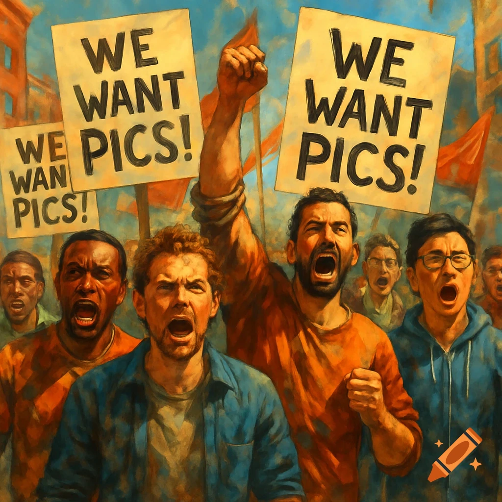 A painting of a group of diverse men loudly protesting, holding "WE WANT PICS!" signs with raised fists.