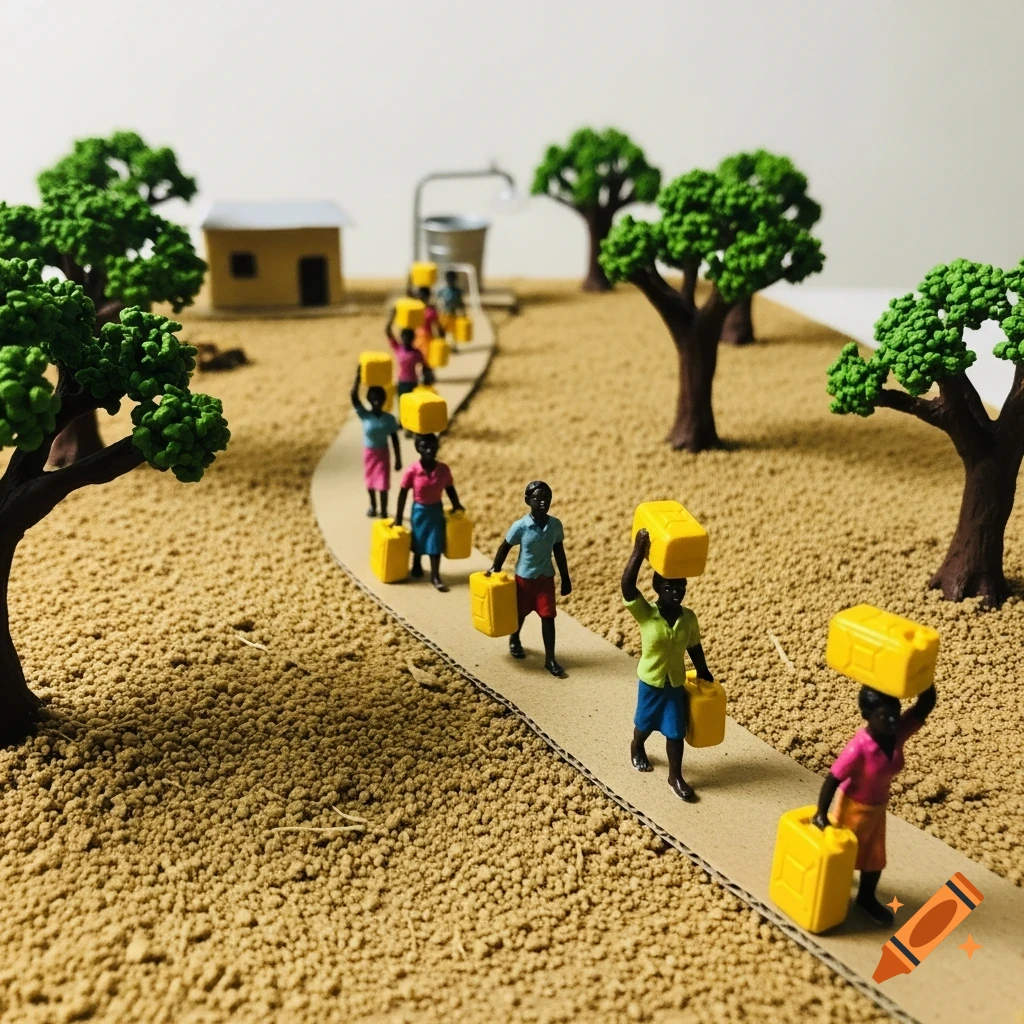A miniature diorama shows people carrying yellow jerrycans on a dusty path in a rural landscape with trees, a small house, and a water point.
