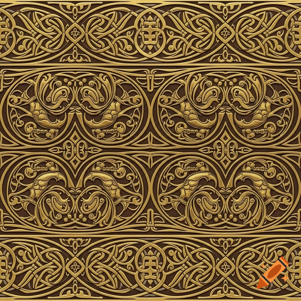 Repeating gold and brown Celtic knot pattern with stylized bird motifs in relief, resembling metalwork.