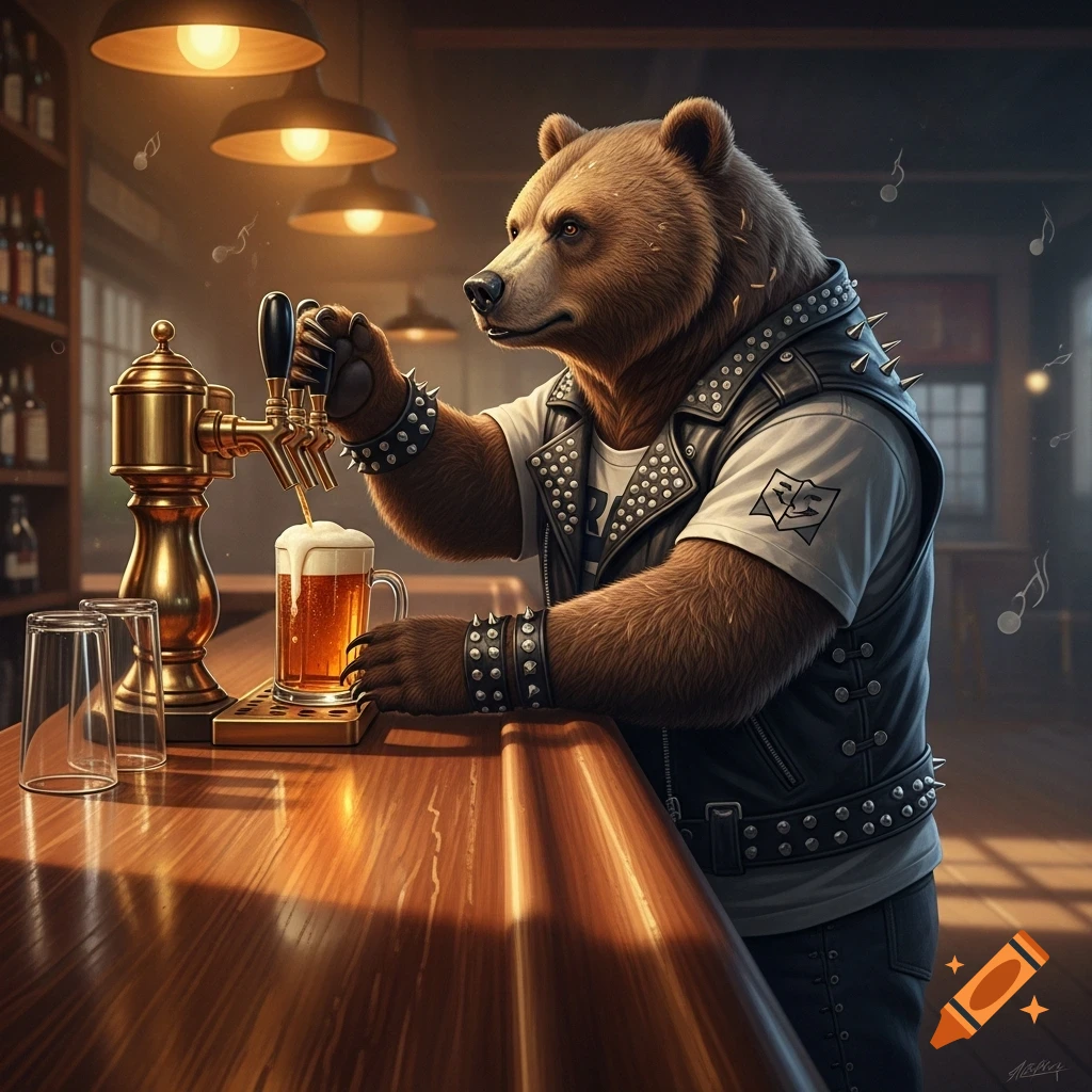 A modern, brown bear dressed as a rocker, wearing a studded leather vest and bracelets, pours a beer from a tap at a wooden bar in a dimly lit pub. Music notes float in the air.