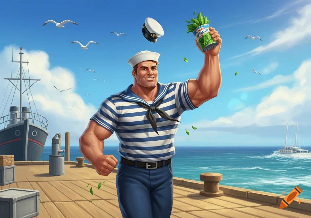 A muscular, cartoon sailor on a dock raises a can of spinach, with ships and the sea in the background.