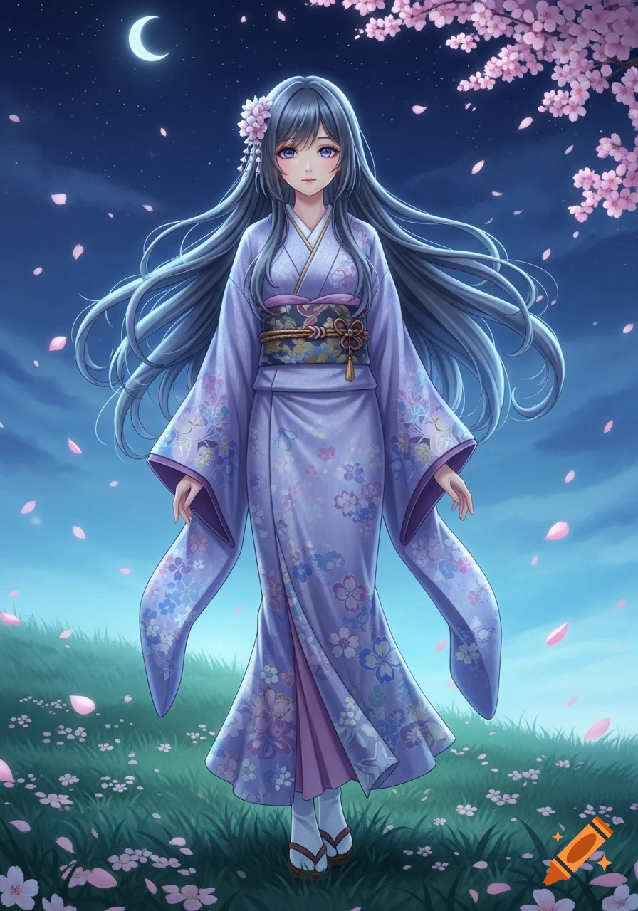 Anime girl in a purple kimono standing under a night sky with a ...