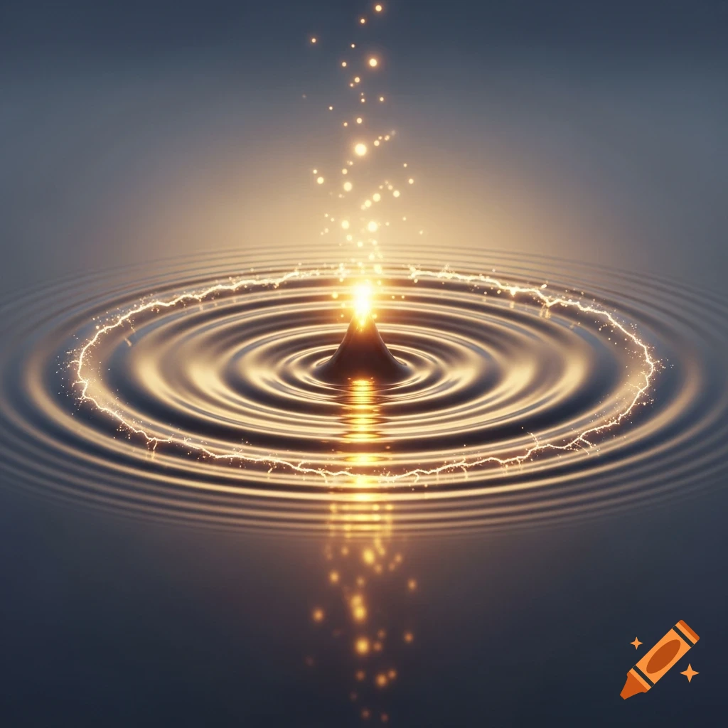 A magical, golden ripple spreads across a dark, reflective water surface with ethereal sparks and glowing light rising from the center.