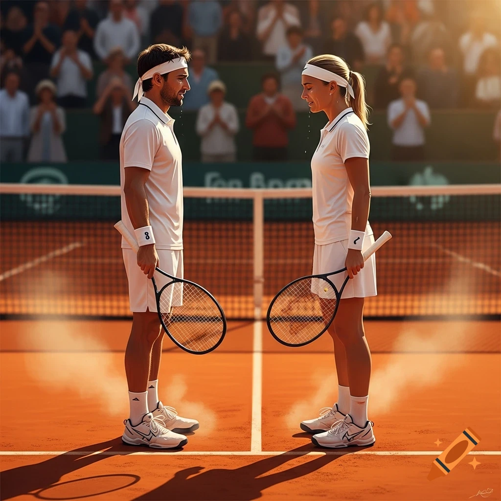 Two photorealistic tennis players, a man and a woman, stand on a clay court with racquets, facing each other after a match, with water droplets on their faces.