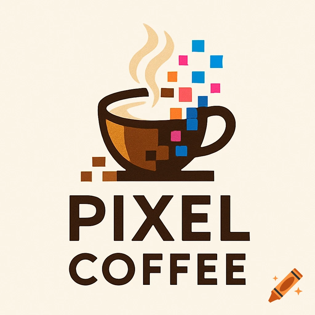 A logo for "Pixel Coffee" featuring a brown coffee cup with pixelated steam and colorful pixels spilling out, on a light background.