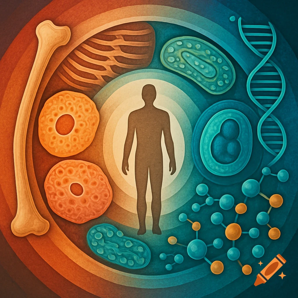 Stylized illustration of a human silhouette with a bone, cells, DNA helix, and molecules on a red-orange to blue gradient.