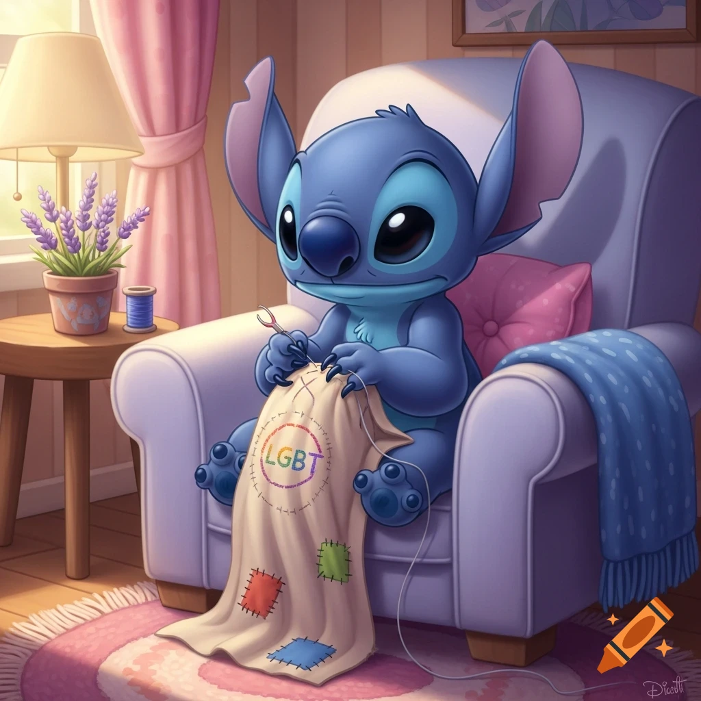 Cartoon Stitch sits in an armchair, sewing a blanket with a colorful 'LGBT' logo in a cozy room.