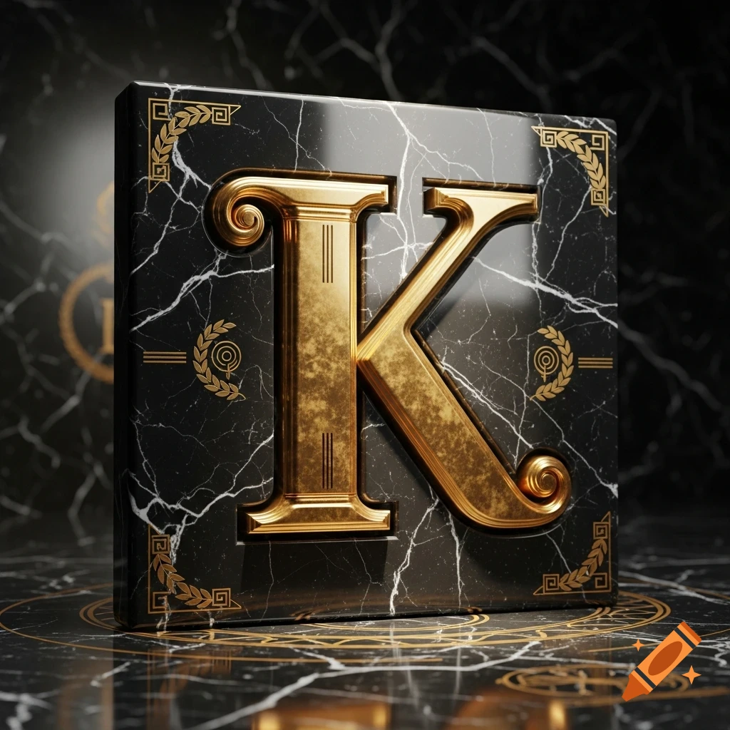 A luxurious gold letter K on a black marble block with gold Greek-style patterns.