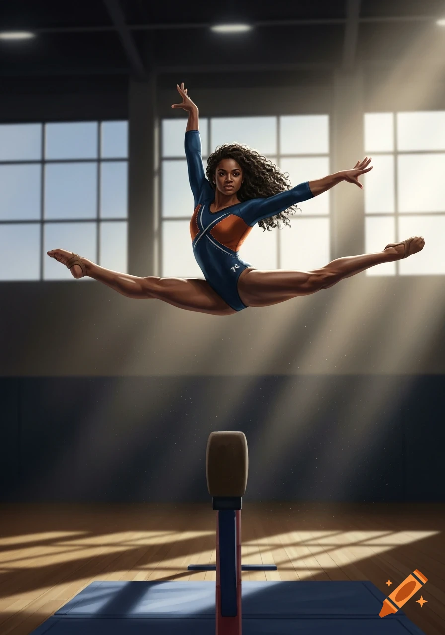 A dark-skinned female gymnast in a blue and orange leotard performs a split jump over a pommel horse in a brightly lit gymnasium.