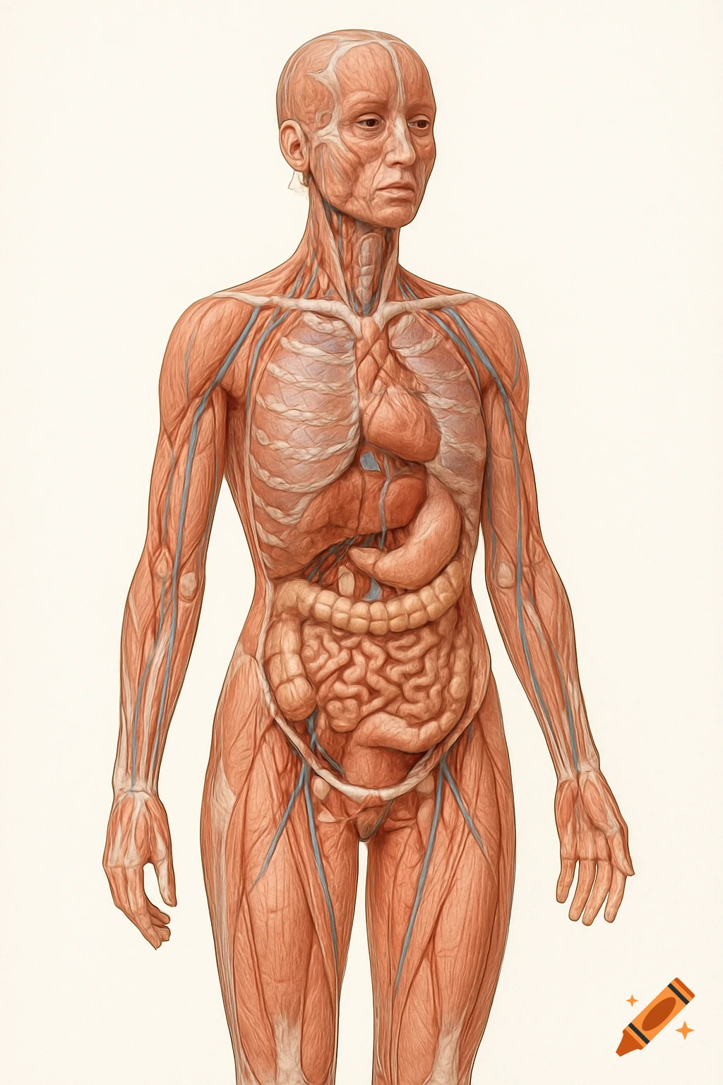 A detailed anatomical illustration of a female human body, showing muscles, organs, veins, and arteries.