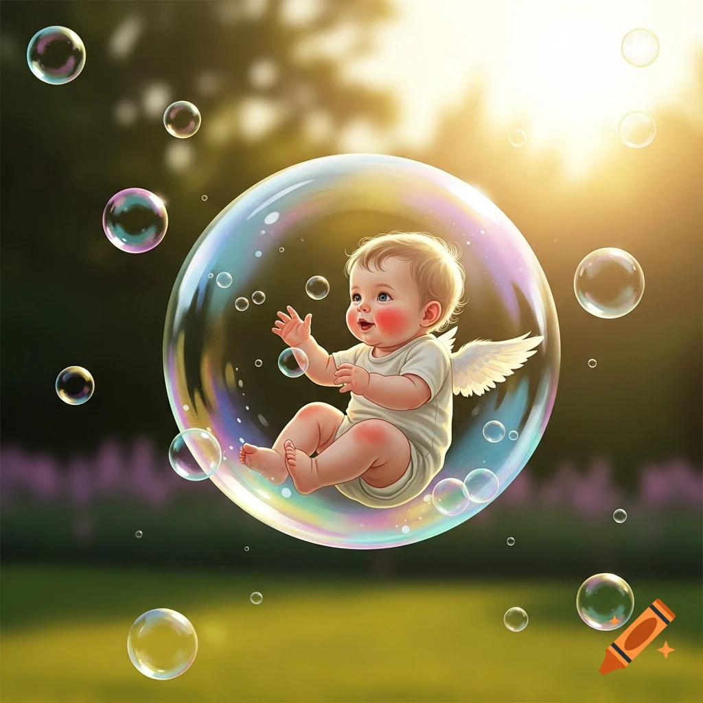A cute, winged baby floats inside a large iridescent bubble surrounded by smaller bubbles in a sunny outdoor setting, stylized illustration.