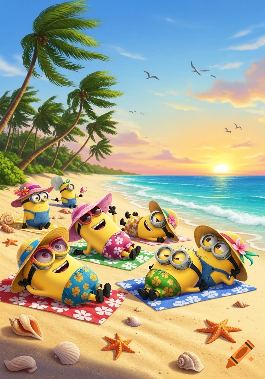 Animated Minions relaxing and sunbathing on a tropical beach with palm trees and a vibrant sunset.