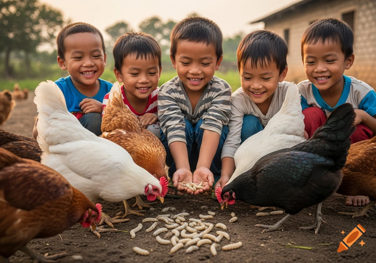 Five smiling children feed white, brown, and black chickens worms in a rural setting, golden hour light.