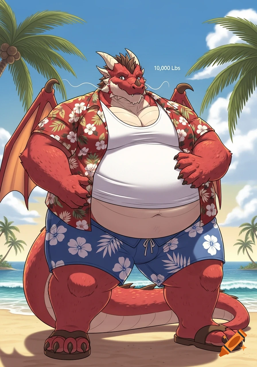 A red, extremely obese anthropomorphic dragon in a white tank top, Hawaiian shirt, and blue shorts stands on a sunny beach with palm trees and ocean, with '10,000 Lbs' floating nearby.