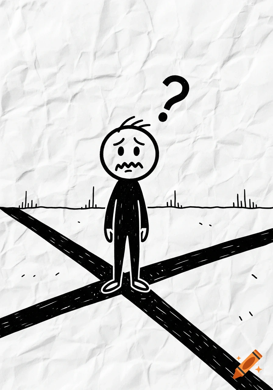 A confused stick figure stands at a crossroads under a question mark, against a crumpled paper background in a hand-drawn style.
