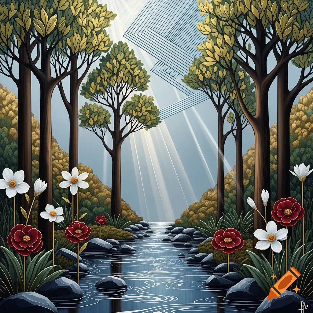 A stylized Art Deco forest landscape with a river, tall trees, colorful flowers, and sun rays beaming through geometric patterns.