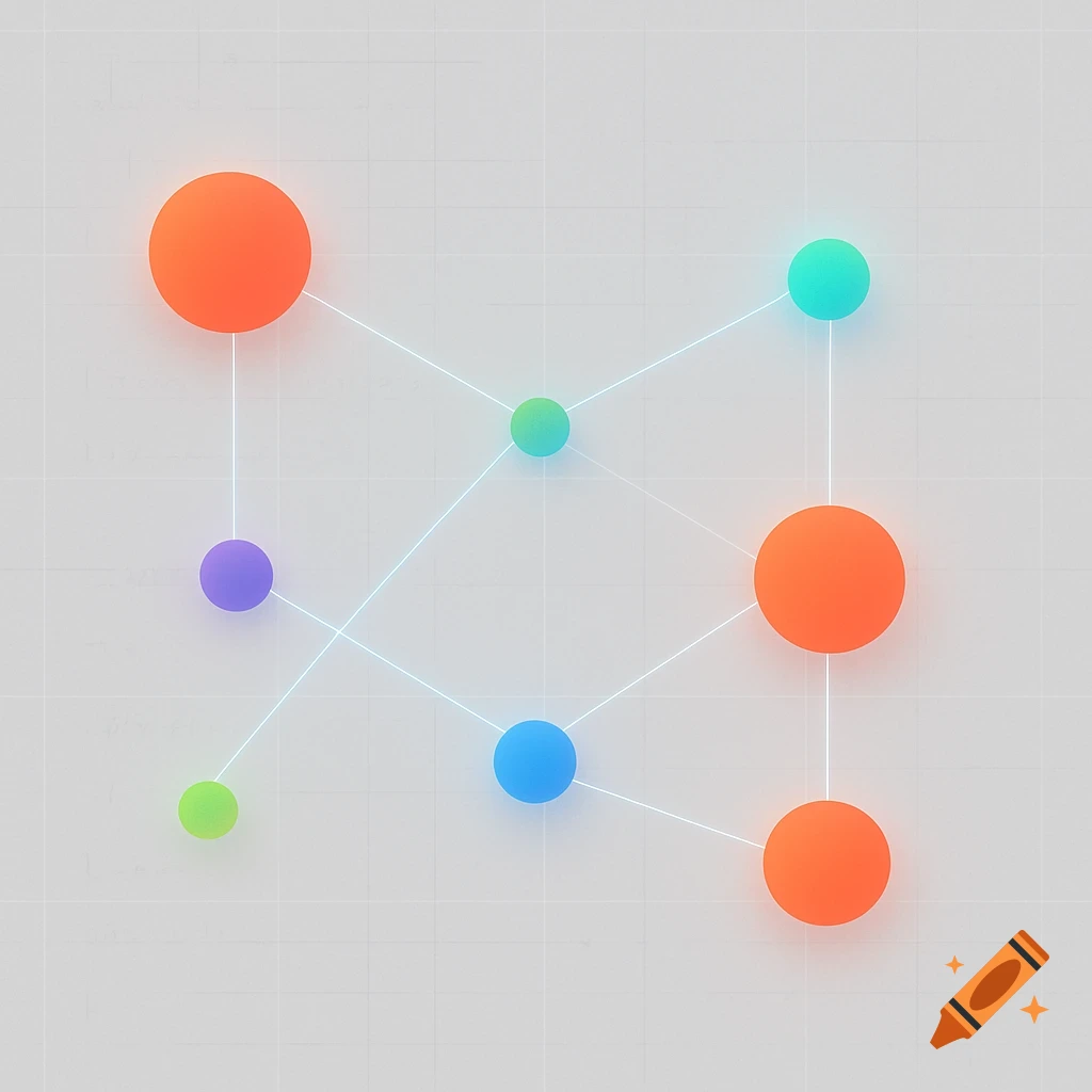 Abstract diagram of colorful connected spheres on a grid background, representing a network or data structure.