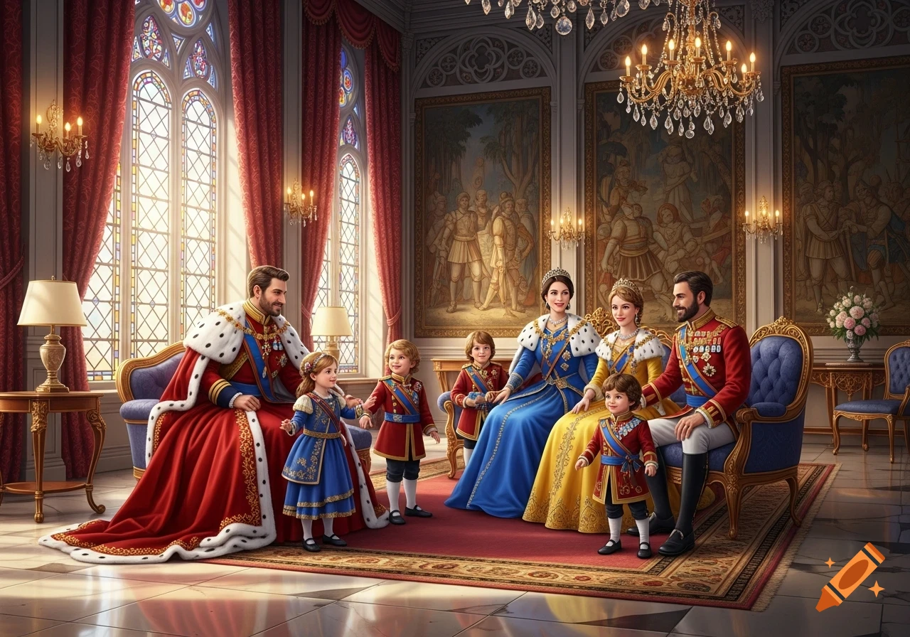 A royal family portrait featuring a king, two queens, and four children in elaborate attire, set in a grand hall with stained glass windows.