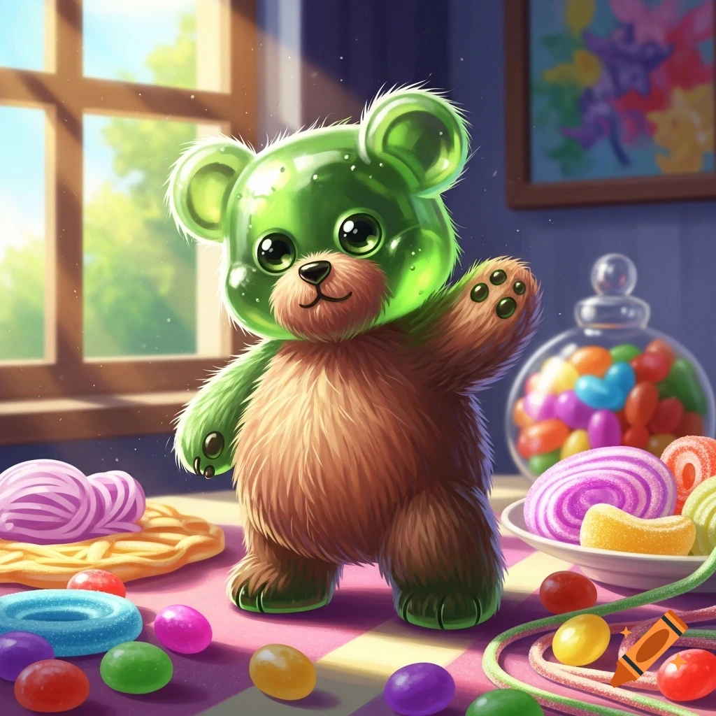 A fuzzy green gummy bear stands on a checkered table surrounded by colorful candies, with a window in the background.