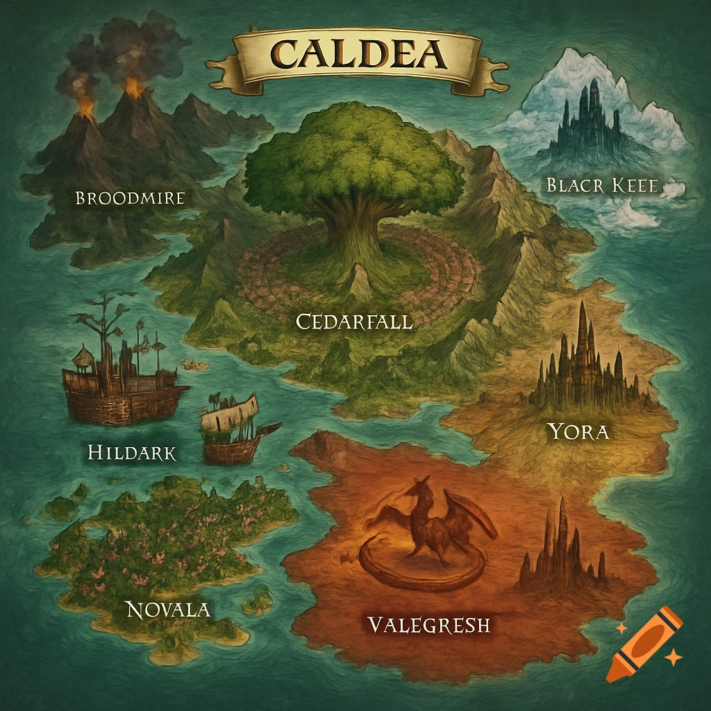 A colorful, highly detailed fantasy world map of Caldea, featuring various regions like volcanic Broodmire, the tree-centric Cedarfall, ships in Hildark, tropical Novala, the dragon-adorned red desert Valegresh, towering Yora, and the icy Blackr Keae, all in a stylized, painted aesthetic.