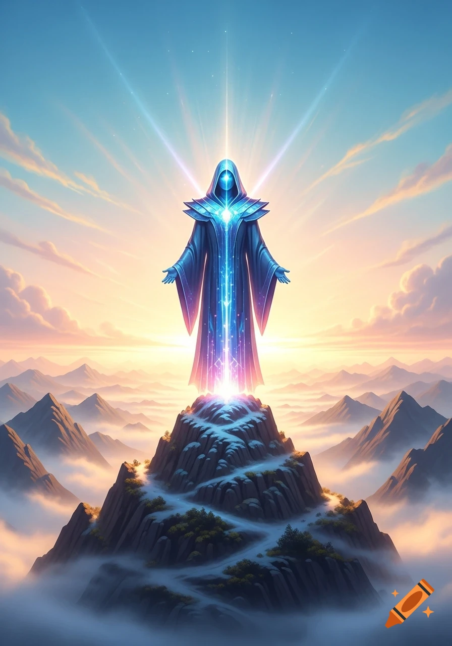 A glowing, hooded mystical figure stands atop a snowy mountain peak, with its arms outstretched, under a vibrant sky with clouds and distant mountains.